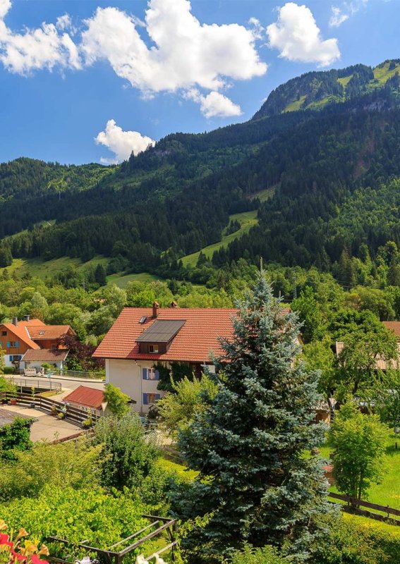 Berglandschaft mit einem Dorf im Tal Im Tal stehen Häuser zwischen Bäumen. Berge sind im Hintergrund zu sehen. Es ist ein sonniger Tag im Sommer.