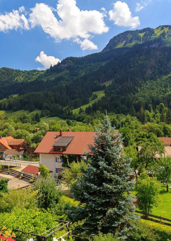 Im Tal stehen Häuser zwischen Bäumen. Berge sind im Hintergrund zu sehen. Es ist ein sonniger Tag im Sommer.
