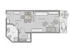 Grundriss einer Wohnung mit Essbereich und Balkon Der Grundriss zeigt eine Wohnung mit Essbereich, Wohnzimmer und Balkon. Räume sind klar angeordnet und gut nutzbar.