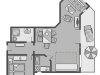 Wohnungsgrundriss mit Küche und Wohnzimmer Der Grundriss zeigt eine Wohnung mit Küche, Wohnzimmer, Essbereich und Schlafzimmer.