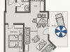 Grundriss einer Wohnung mit Terrasse und Wohnraum Der Grundriss zeigt eine Wohnung. Es gibt einen Wohnbereich, eine Küche, ein Badezimmer und ein Schlafzimmer.
