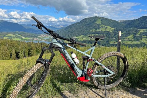 Ein Fahrrad vom Hotel Allgäu Sonne in Oberstaufen steht vor einer Traumkulisse mit Bergen und grünen Wiesen