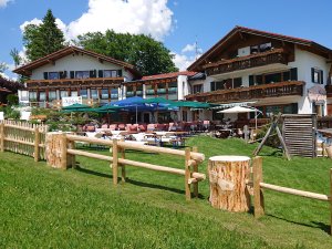 Die Außenansicht des Landhotels Alphorn in Ofterschwang im Sommer