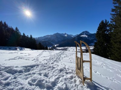 Ein Schlitten steht auf einer schneebedeckten Wiese