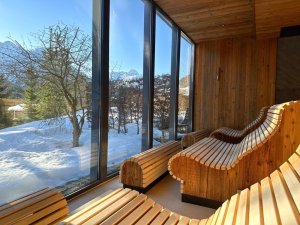 Ausblick aus einer der Saunen im Travel Charme Ifen Hotel im Kleinwalsertal mit Blick auf die verschneite Umgebung