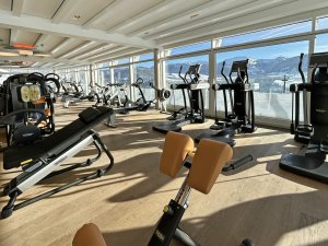 Der große Fitnessraum im Hotel Allgäu Sonne in Oberstaufen mit tollen Ausblick