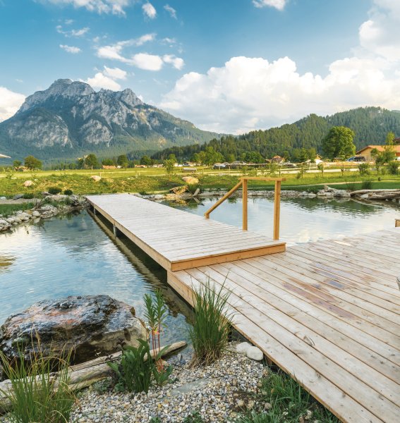 Ausblick vom Hotel Das Rübezahl in Schwangau auf den Natursee und die grüne Umgebung