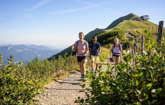 Es sind drei Gäste des Best Western Plus Hotel Alpenhof in Oberstdorf zu sehen, welche auf dem Fellhorngrat eine Wanderung unternehmen.
