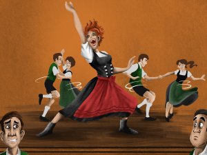 Auf dem Bild sind Tänzer zu sehen und in der Mitte eine Frau, die tanzt. Sie stellt die Sorte Magda da der Allgäuer Alpenwasser GmbH