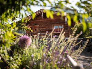 Außenansicht vom Alpzitt Chalet im Dorf in Burgberg im Sommer mit vielen Blumen im Vordergrund.