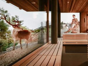 Es ist ein Paar zu sehen, welches in der Sauna des Hotels Bergkristall in Oberstaufen sitzt und nach außen auf einen Hirsch sieht.