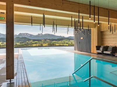 Bild des Infinitypools des Hotels mit Blick ins Grüne und auf die Berge im Allgäu.