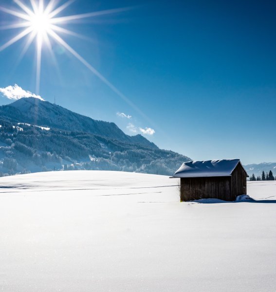 Schneebedeckte Allgäuer Landschaft mit einer Hütte auf einer Wiese und Berge im Hintergrund