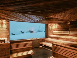 Sauna im Hotel Bergkristall - Mein Resort im Allgäu in Oberstaufen mit großem Fenster welches im Bild Rehe im Schnee zeigt