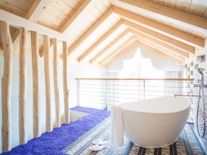 Bilck in ein Zimmer im Das Freiberg Romantik Hotel in Oberstdorf mit freistehender Badewanne.