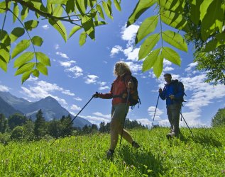 Gäste beim Wandern in der Nähe des Allgäuhotels Tanneck in Fischen.