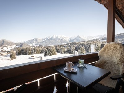 Winterlicher Ausblick vom Balkon der Alpe Dornach in Oberstdorf.