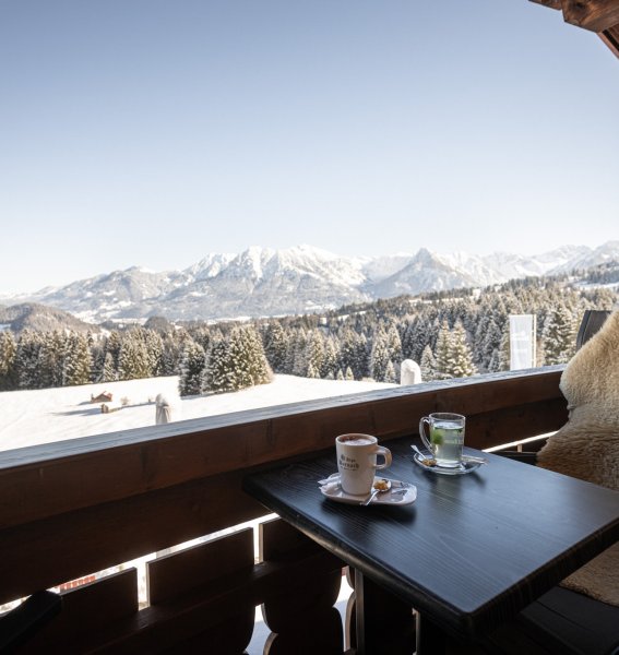 Winterlicher Ausblick vom Balkon der Alpe Dornach in Oberstdorf.