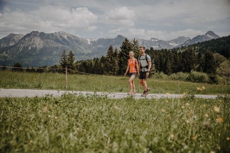 Gäste beim Wandern im Sommer in der Nähe der Alpe Dornach in Oberstdorf.