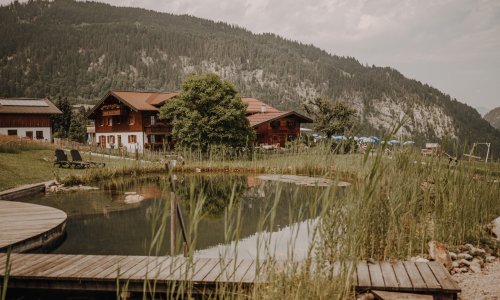 Blick auf den Naturbadeteich der Alpe Dornach in Oberstdorf.