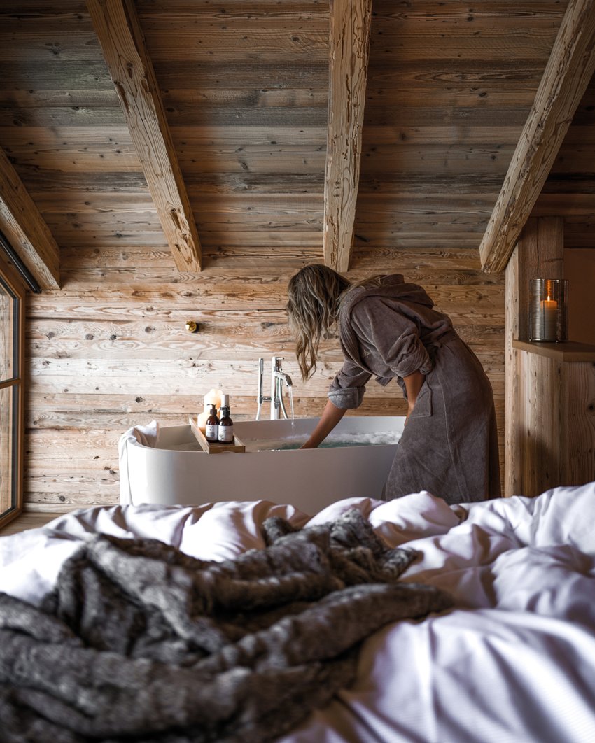 Alpzitt Chalets im Dorf Badewanne Eine freistehende Badewanne in den Alpzitt Chalets in Burgberg.