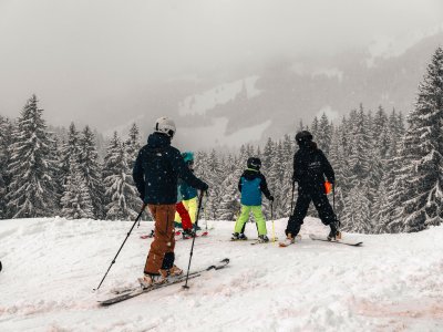 Wald & Wiesn Berghotel Balderschwang Skifahren Gäste mit Kindern beim Skifahren in der Nähe des Wald & Wiesn Berghotel Balderschwang.