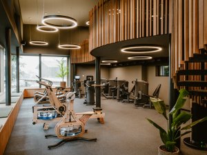 Einblick in das mehrstöckige Fitnessstudio im Bergkristall - Mein Resort im Allgäu in Oberstaufen mit modernen Geräten und Design