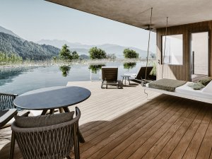 Einblick in eine der neuen Seesuiten im Bergkristall - Mein Resort im Allgäu in Oberstaufen als digital gestaltetes Bild