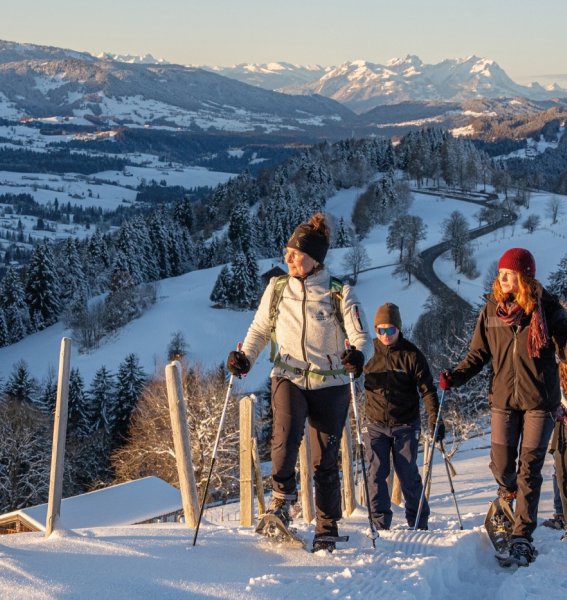 Hotel Allgäu Sonne Schneeschuhwandern Gäste beim Wandern in der Nähe des Hotels Allgäu Sonne im Winter in Oberstaufen.