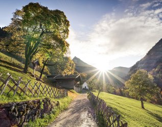 Eine Landschaft mit einem Wanderweg in der Nähe des Hotel Kühberg in Oberstdorf.