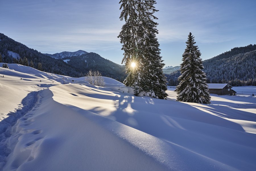 HUBERTUS Mountain Refugio Allgäu Winter Verschneite Landschaft in der Nähe des HUBERTUS Mountain Refugio Allgäu in Balderschwang