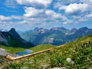 Ausblick in den umliegenden Bergen des Landhotel Alphorn in Ofterschwang mit einem Alphorn in der Wiese