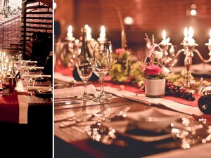Zwei Bilder bieten einen Einblick in den Speisesaal mit festlich gedeckten Tischen mit Kerzen im Hotel Schlosskrone in Füssen
