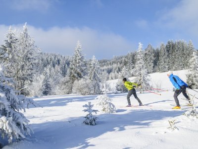 Zwei Gäste des Haubers Naturresorts in Oberstaufen sind langlaufen auf einer Loipe in der Umgebung.