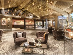 Einblick in die helle und moderne Lounge im Hotel König Ludwig in Schwangau