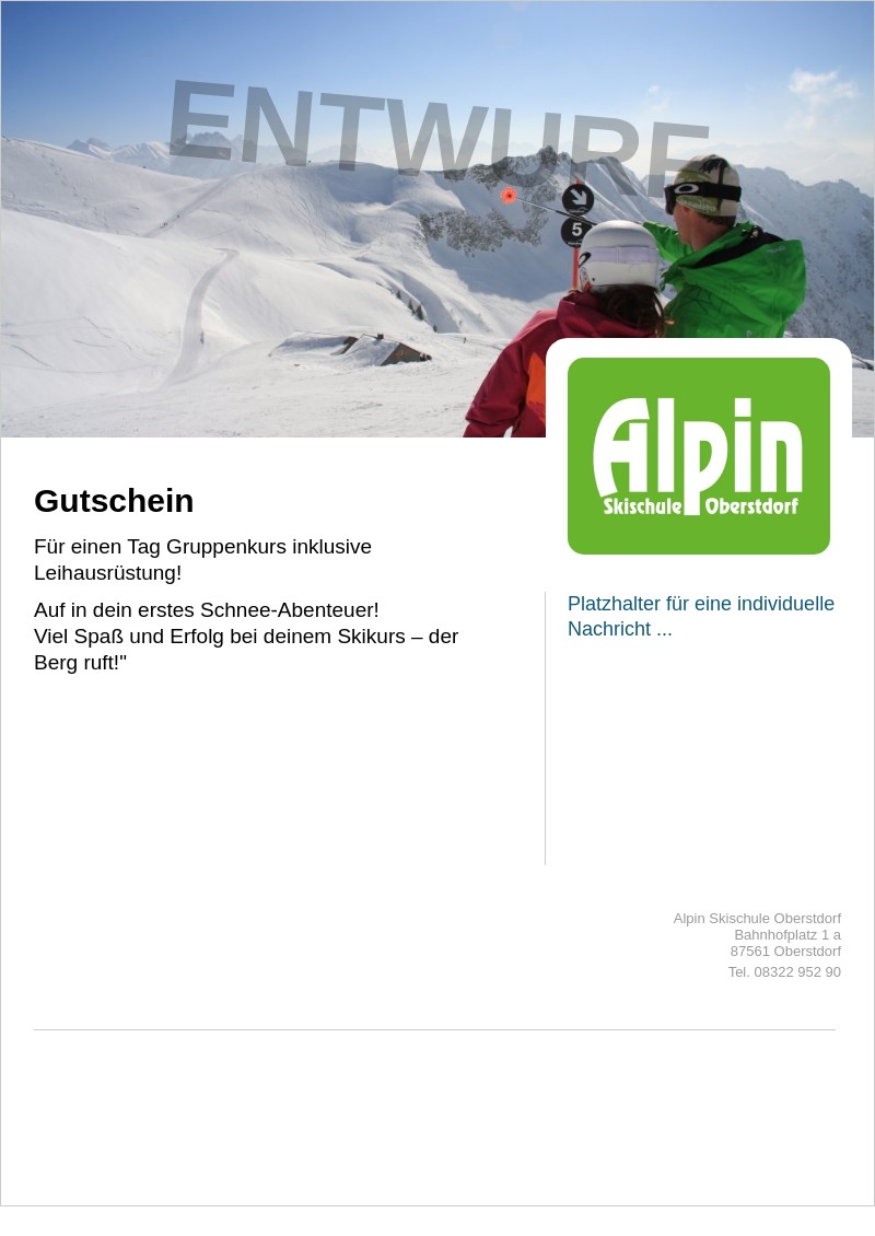 Gutscheinvorlage: Gutschein 1 Tag Gruppenkurs inkl. Ausrüstung
