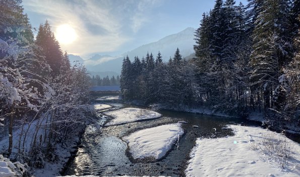 Genießen Sie diesen Blick von einer unserer Loipenbrücken über die Stillach.