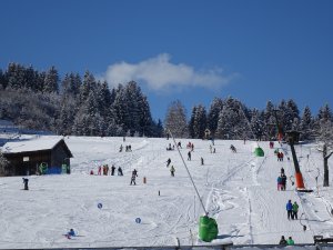 Auf einem schneebedeckten Hang tummeln sich viele Wintersportler beim Skifahren und Rodeln in der klaren Wintersonne.