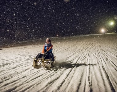Ein Sportler fährt mit einem speziellen Schlitten bei Nacht über eine schneebedeckte Piste während des Schneefalls.