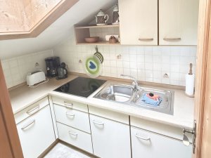 Es gibt eine kleine Küche mit Kochfeld, Spüle und Küchengeräten in einem heimischen Raum. Gegenstände sind ordentlich angeordnet.