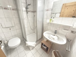 In einem kleinen Badezimmer steht eine Dusche, ein Waschbecken und eine Toilette. Handtücher sind ordentlich gefaltet.