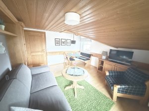 In diesem Raum sind Möbel und ein Fernseher zu sehen. Die Wände sind aus Holz und die Dekoration ist einfach.