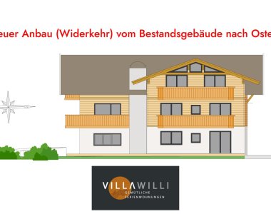 Ein neuer Anbau wird an ein bestehendes Gebäude im Osten gefertigt. Die Pläne zeigen die Struktur und die neuen Elemente.