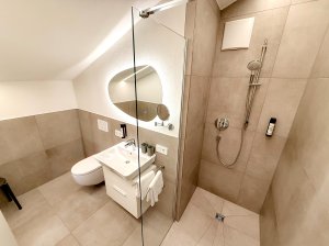 Modernes Badezimmer in einem Hotelzimmer im Dachgeschoss Das Badezimmer ist mit Dusche, Waschbecken und Spiegel ausgestattet. Es gibt eine Toilette und eine helle Atmosphäre.