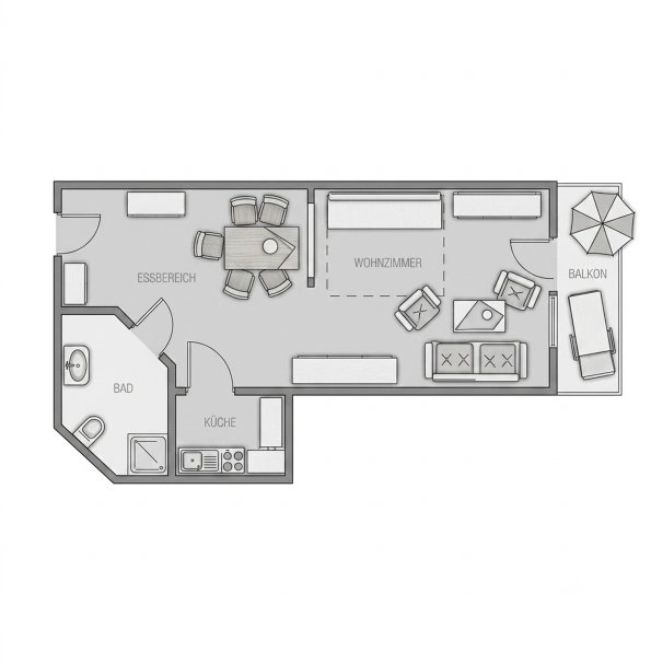 Grundriss einer Wohnung mit zwei Räumen Der Plan zeigt den Aufbau einer Wohnung mit Essbereich, Wohnzimmer, Küche und Balkon. Es gibt zwei Räume und ein Bad.