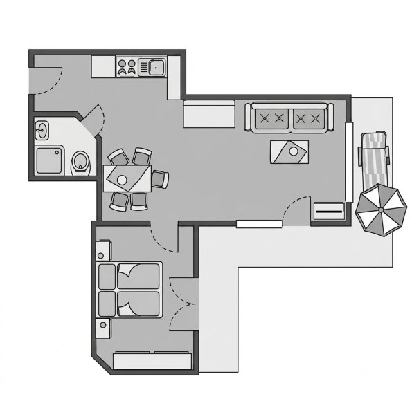 Grundriss eines kleinen Wohnraums mit Küche Der Wohnraum zeigt eine kleine Küche, ein Esszimmer und ein Wohnzimmer. Es gibt einen Tisch mit Stühlen und eine Couch.