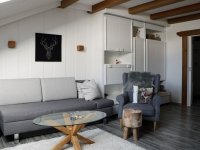 Wohnzimmer mit Sofa/Schlafsofa ca. 160x200cm für eine bis zwei Personen und Sessel