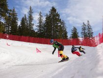 Zwei Snowboardfahrer gleiten die Piste hinunter, umgeben von Bäumen und roten Absperrungen an einem sonnigen Tag.