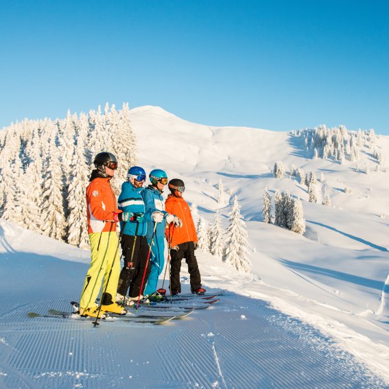 Fünf Personen stehen bei sonnigem Wetter auf einer verschneiten Piste. Die Umgebung ist voller schneebedeckter Bäume.