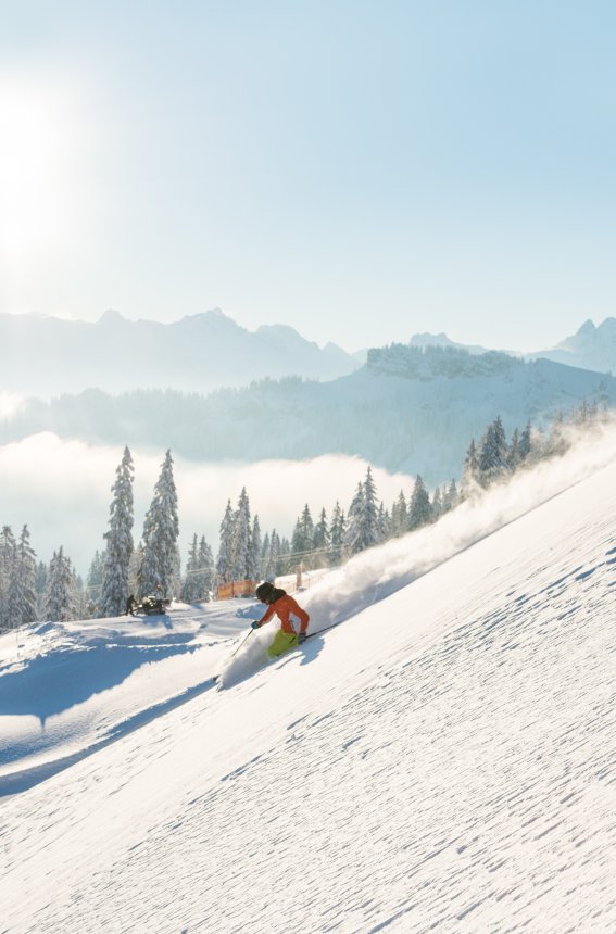Zwei Wintersportler fahren den schneebedeckten Hang hinunter, umgeben von einem klaren blauen Himmel und schönen Bergen.